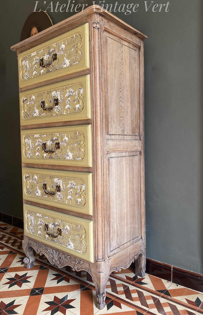 Beautiful Restored Chiffonnier, Oak with Toile de Joie decoration.