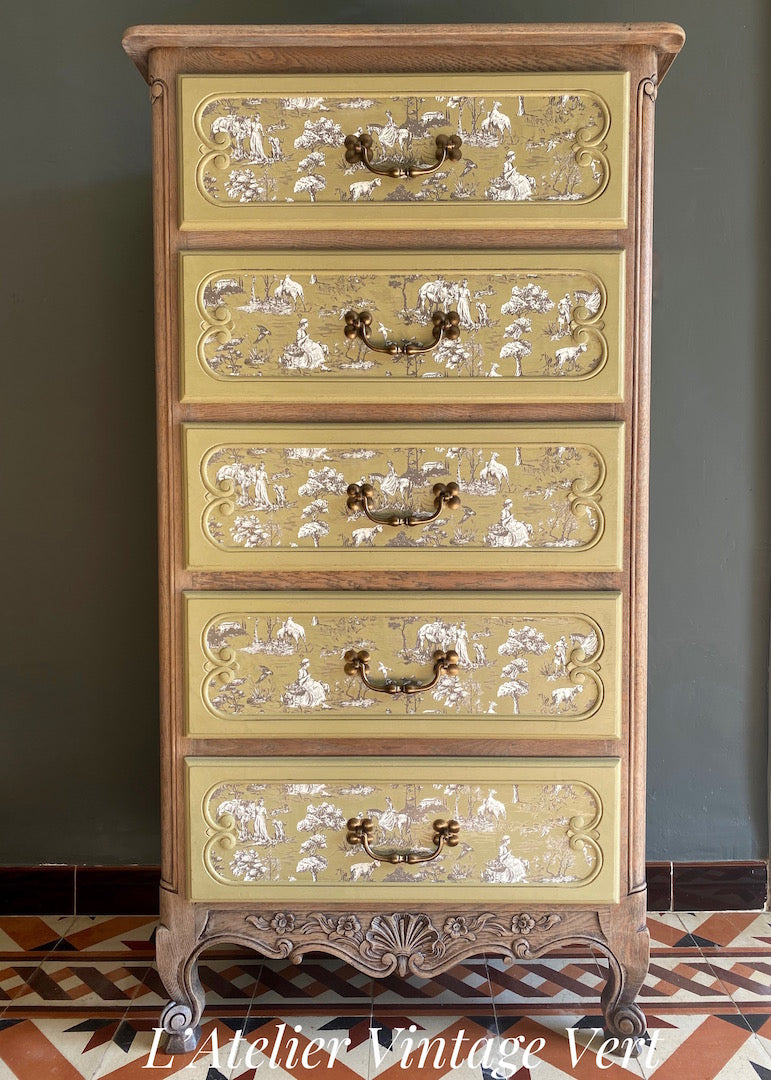 Beautiful Restored Chiffonnier, Oak with Toile de Joie decoration.